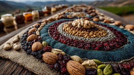 Delicious and healthy assorted nuts and dried fruits arrangement on table top view for food blog posts