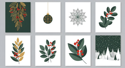 Elegant winter holiday and botanical illustrations perfect for festive greetings and seasonal decor