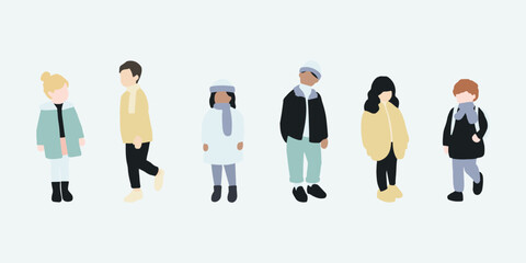 flat minimal children male and female vector illustration in winter clothing concept isolated set collection. For architecture rendering, graphic design, info graphic, media