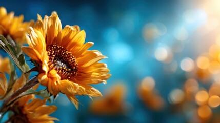 A vibrant sunflower captured in close-up, radiating warmth and joy, with soft bokeh of blue and golden hues creating an artistic effect that symbolizes happiness and nature's beauty.
