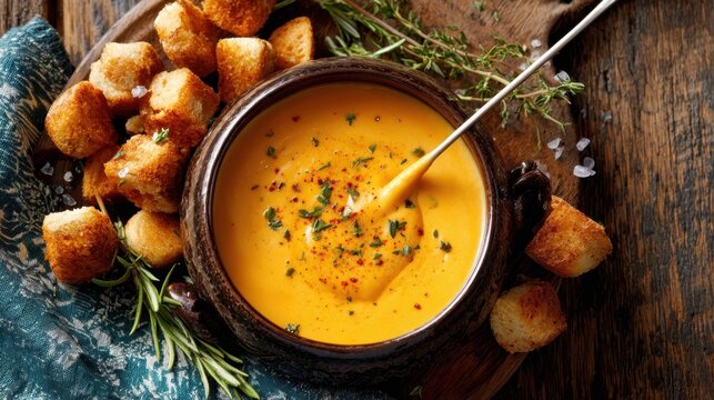 Creamy pumpkin soup with croutons and fresh herbs on rustic wooden table