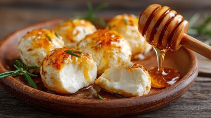 Delicious goat cheese balls with honey drizzle and fresh rosemary