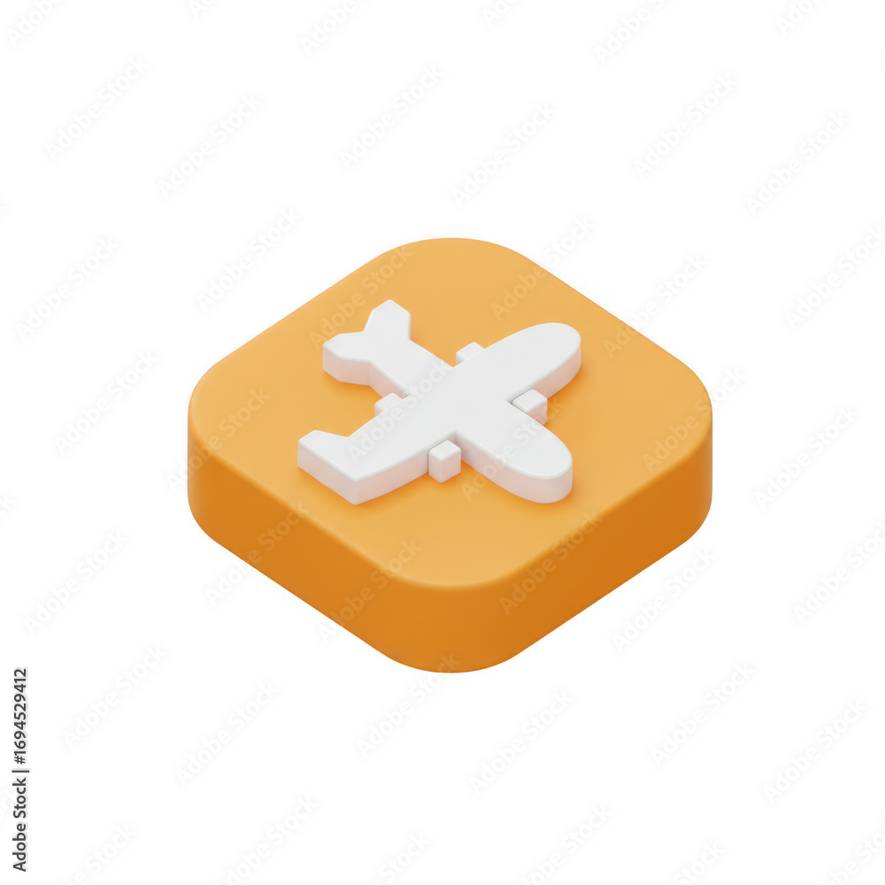 Poster isometric 3d airplane icon on orange square button isolated on transparent background