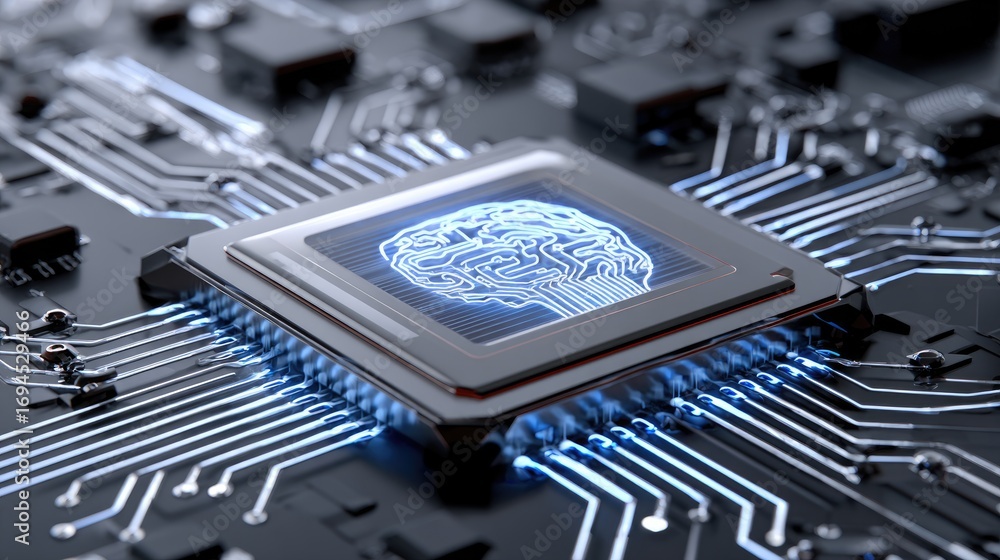 Poster an intricate close-up of a microchip with glowing circuits, symbolizing the fusion of technology and