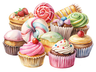 Watercolor illustration of a variety of cupcakes and candies isolated on white background, showcasing their vibrant colors