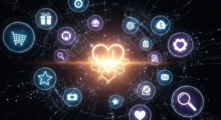 Fototapeta premium Dynamic digital network connecting hearts, commerce, and global services with vibrant energy
