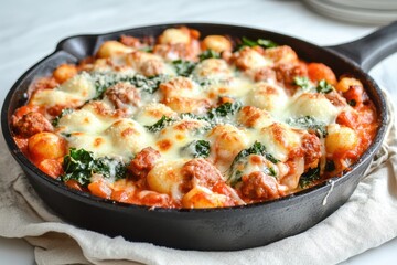Delicious gnocchi and meatball skillet with spinach and melted cheese