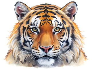 Fototapeta premium Watercolor painting of a majestic tiger head isolated on white background, detailed portrait of wild cat