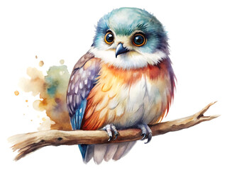Adorable little bird perched on a branch, painted in watercolor, isolated on white background, cute and charming