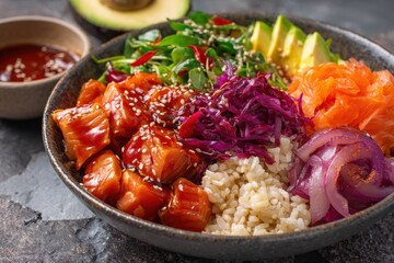 Fototapeta premium Colorful salmon poke bowl with fresh vegetables and avocado garnish