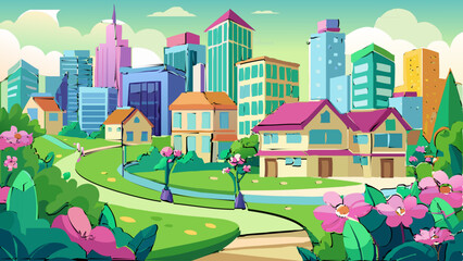 Fototapeta premium vector graphics, design, panoramic view, town, city, banner, postcard, trees, houses, real estate, map, invitation, advertising, sketch, project, rent, presentation