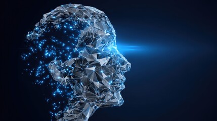 Fototapeta premium This digital artwork showcases a futuristic human head made of geometric shapes and glowing particles, symbolizing advanced technology and artificial intelligence innovation.