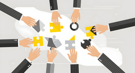 Teamwork creates solutions as colleagues collaborate to fit jigsaw puzzle pieces together seamlessly
