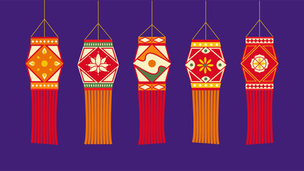 A vibrant set of colorful Diwali lanterns, glowing warmly with intricate patterns, symbolizing festivity, light, and joy during the festival of lights.
