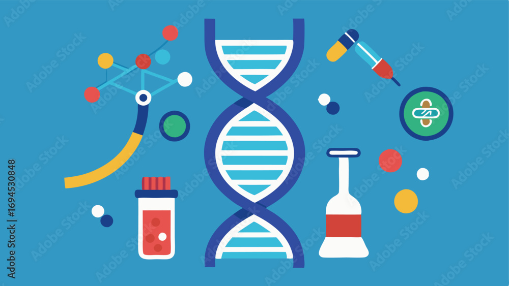 Poster dna helix an artistic representation of a dna strand with icons around it such as a microscope and t