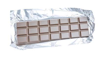 Milk chocolate bar in foil wrapper