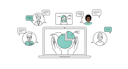 Modern teamwork concept, diverse people meeting online to discuss business analysis and financial growth strategy