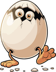 Funny hatching egg character, cartoon shell with eyes, vector illustration, walking egg creature, cracked shell design, comic style, playful concept