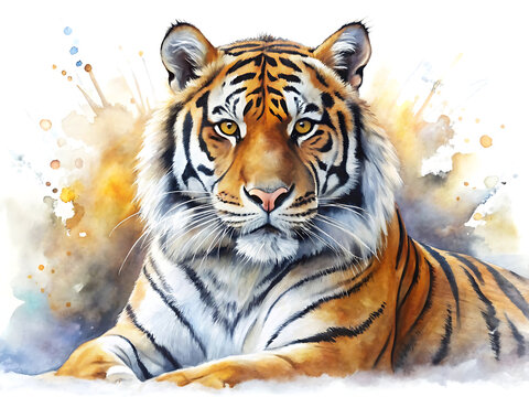 Watercolor painting of a majestic tiger resting, isolated on white background the tigers gaze is intense and captivating - Powered by Adobe