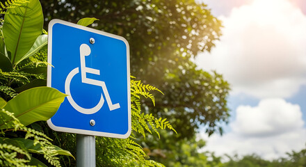 Blue accessible parking sign with greenery and sunlight, symbolizing inclusivity and accessibility