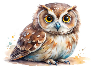 Watercolor painting of a cute owl sitting, isolated on white background the owls big eyes are endearing and charming