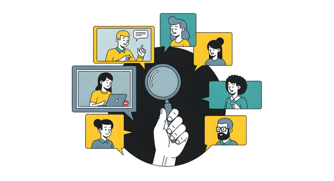 Find your perfect candidate with a diverse remote team under a magnifying glass for recruitment