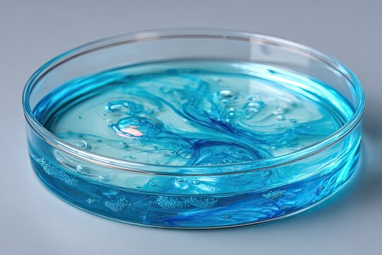 Clear petri dish filled with swirling blue liquid