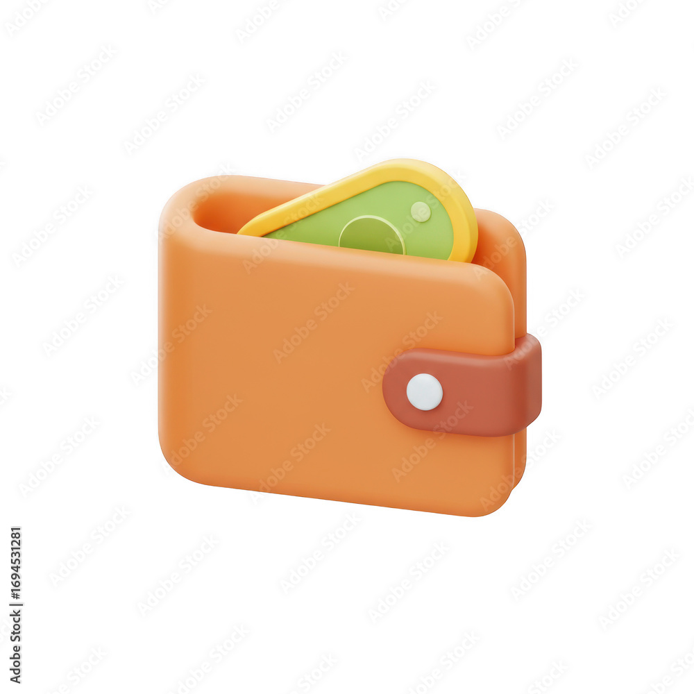 Poster 3d render of an orange wallet with money inside isolated on transparent background