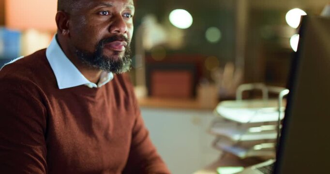 Business, night and black man in office, computer or financial agency with online reading. Mature person, evening or investor in workplace, pc or research for stock market exchange, internet or email