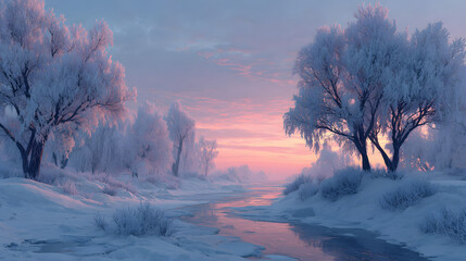 Winter snowy park. Trees in the snow, a frozen river snowdrifts and ice. Fantay winter landscape. Frostysunset. 3D illustration.
