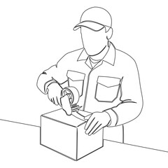 Continuous one single line drawing Worker packing product into cardboard box icon vector illustration concept