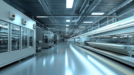 Fototapeta premium A clean, modern industrial factory floor with metal beams, white walls, and a bright, reflective floor.