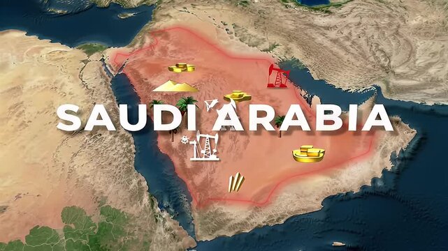 Saudi arabia map with oil industry symbols, oil pump, oil rig, oil barrel, and palm trees on a satellite view