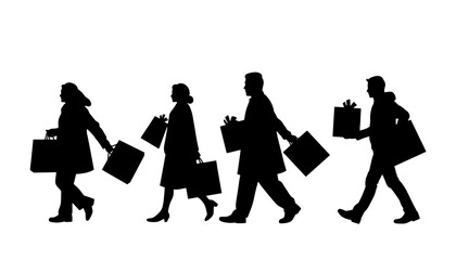 Group of people walking with shopping bags during holiday season, concept of New Year, Christmas  