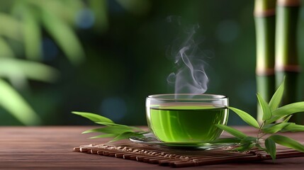 A soothing cup of freshly brewed green tea surrounded by vibrant leaves and a serene natural environment