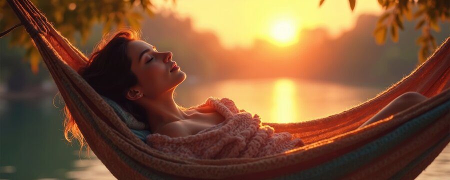 Young woman naps peacefully in hammock during golden hour sunset. Relaxing by water, she enjoys serene tropical vacation vibes. Curly brown hair, closed eyes, sun rays illuminate her tranquil slumber.