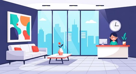 Modern office reception area with city view artwork and receptionist at front desk illustration