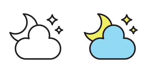 Cloudy night line and colored icons set isolated on transparent background. Moon and Cloud with shining Stars icons. Simple shapes of moon and stars with cloud. Editable Stroke.