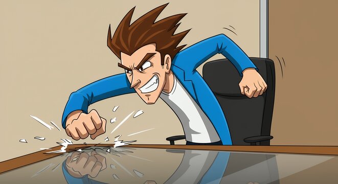 Cartoon illustration of an angry man punching a table with exaggerated expression and dynamic pose