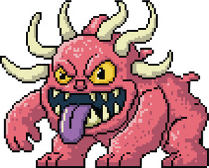 Pixel art monster, retro video game creature, pink demon with horns, scary character design, fantasy beast illustration, isolated on black background