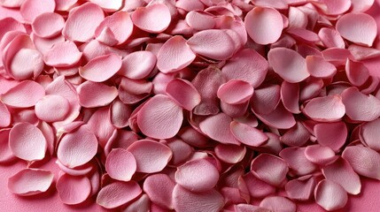 Fototapeta premium Petals scattered on a soft pink surface create a romantic and delicate atmosphere for any celebration or special occasion