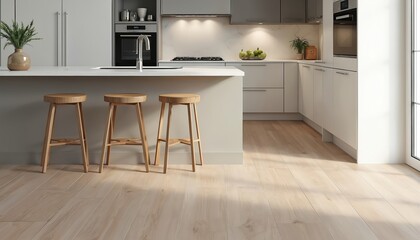 Fototapeta premium Modern kitchen durable, stylish vinyl plank flooring with white cabinetry, sleek countertops. Contemporary interior design features natural wood stools around central island. Clean lines, ample