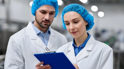 Two healthcare professionals in white coats and blue hair nets working together and discussing data in a well-equipped medical laboratory setting.