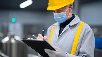 A construction worker wearing a yellow hard hat and face mask while holding a clipboard and inspecting the manufacturing equipment and infrastructure of an industrial factory floor