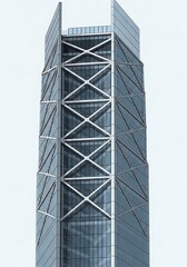 Modern skyscraper facade featuring geometric steel support structure