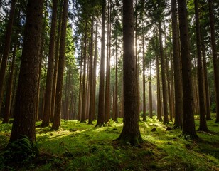 Obraz premium Sunlight filtering through a dense forest