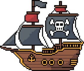 Pixel art, pirate ship, 8-bit graphic, retro style, pixelated illustration, sailing vessel, skull and crossbones, pirate flag, pixel vector, digital design © Atik World