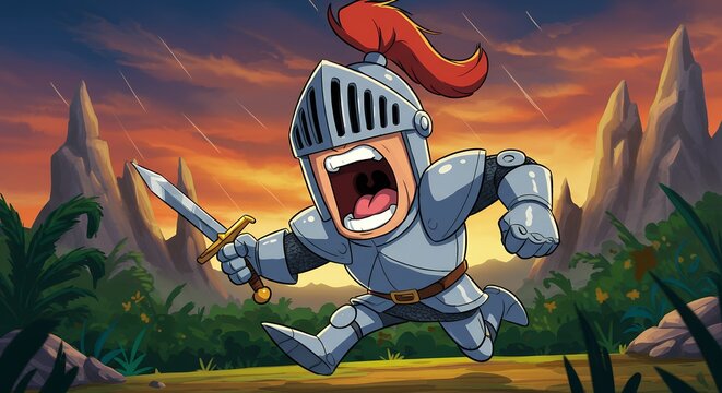 Fototapeta Cartoon knight running with sword against sunset sky concept