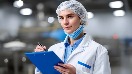 A focused and diligent healthcare worker in a laboratory or clinic setting, wearing a uniform and hairnet, carefully examining documents and making notes during a diagnostic or research procedure.