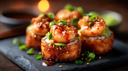 An exquisite plate of crispy shrimp rolls garnished with green onions, presented on a slate platter, showcasing the art of culinary excellence and taste.